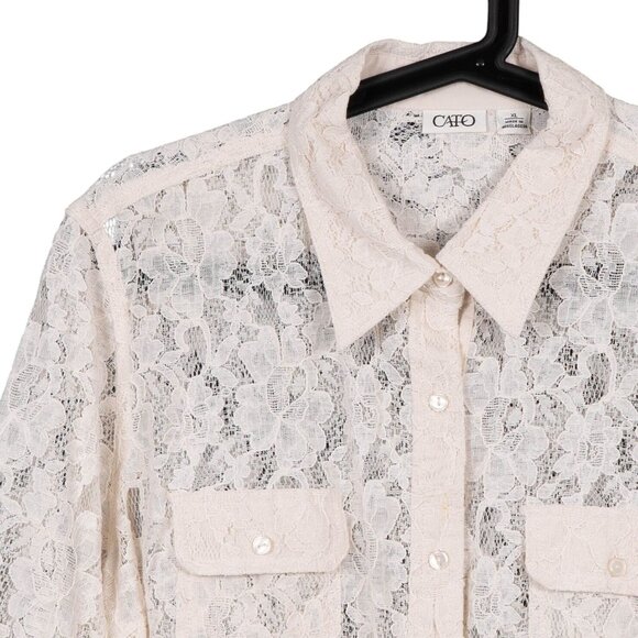 Cato Button Up Lace Shirt XL Womens Pockets Off White Cotton Blend 3/4 Sleeves - Picture 2 of 7